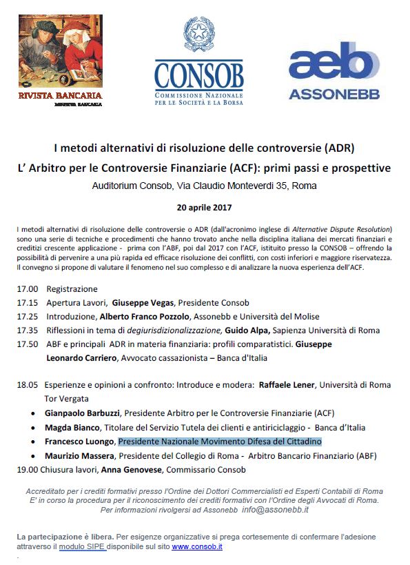 Scopri di più sull'articolo I metodi alternativi di risoluzione delle controversie, Convegno presso Consob il 20 aprile