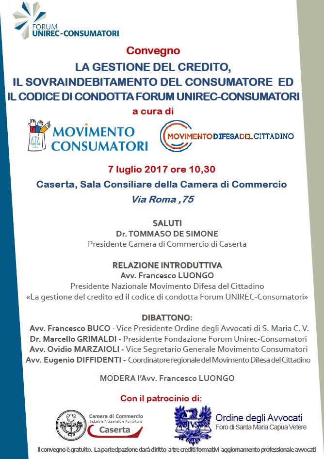 Al momento stai visualizzando Sovraindebitamento e gestione del credito, quali tutele per il consumatore? A Caserta il Convegno, il 7 luglio alle 10,30