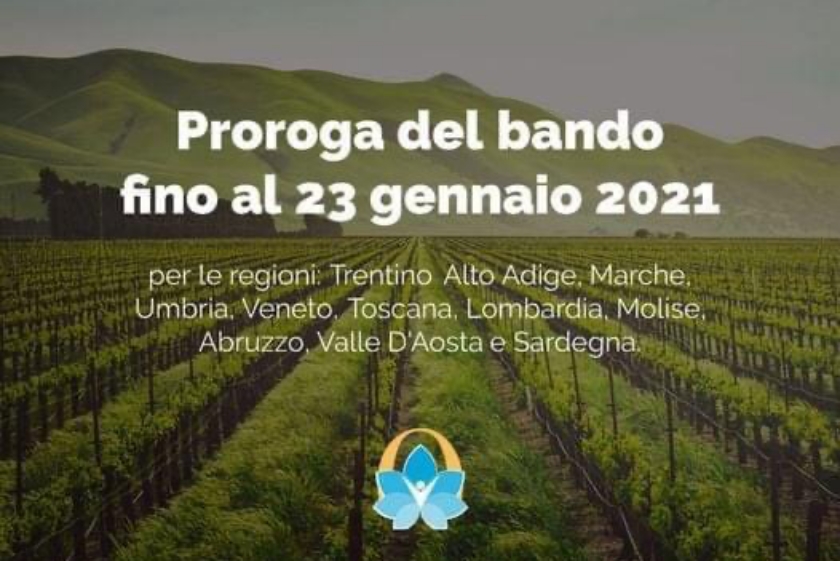 Al momento stai visualizzando Prorogata la data di scadenza della presentazione delle domande al 23 gennaio 2021, per le Regioni: Trentino Alto Adige, Marche, Umbria, Veneto, Toscana, Lombardia, Molise, Abruzzo, Valle D’Aosta e Sardegna