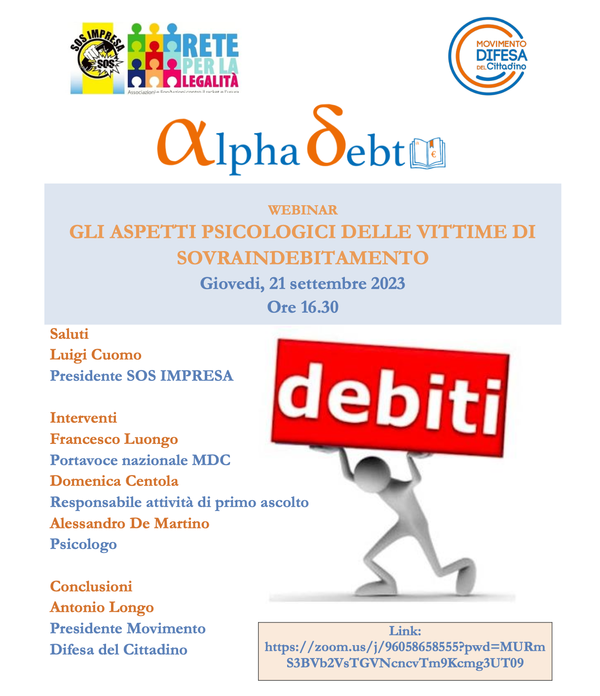 Scopri di più sull'articolo Agenda – Credito: MDC, domani webinar “Gli aspetti psicologici delle vittime di indebitamento”